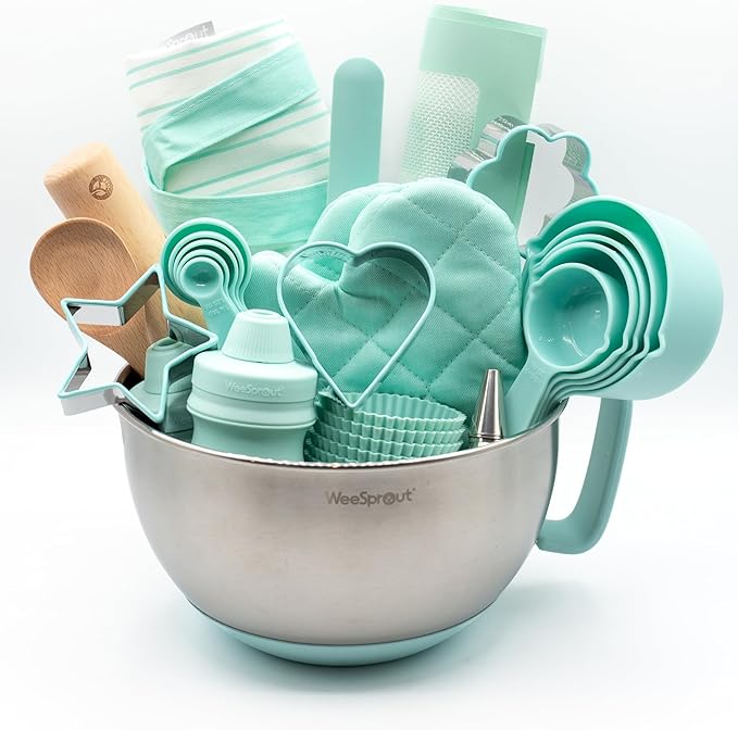 Ultimate Baking Kit for Children - Child-Sized Utensils, Apron, Oven Mitts, Silicone Mats & Liners - Perfect Cooking Set for Ages 6-12 - Gift for Kids - Mint