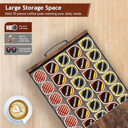 K Cup Holder Drawer - Coffee Pod Organizer for Counter, Sturdy k cups Storage Drawer with Mug Rack, Coffee Maker Stand, 70 Capacity Pods, Home Kitchen Counter Organizer, Rustic Brown