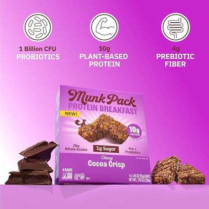 Munk Pack Probiotic Protein Bars - Cocoa Crisp | 10g Plant Protein, 1g Sugar, 6g Fiber | Diabetic-Friendly Ideal Breakfast Bars - On-the-Go Snacks, Gluten-Free, Non-GMO | 12 Count