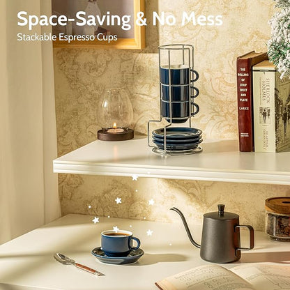 Sweese 2.5 Ounce Porcelain Stackable Espresso Cups with Saucers and Metal Stand Set of 4, Navy