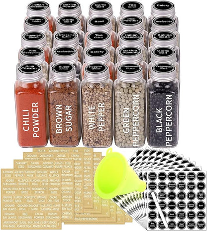 SWOMMOLY 25 Glass Spice Jars 8 oz Empty Spice Bottles with 713 Spice Labels, Chalk Marker and Funnel Complete Set. 25 Square Seasoning Containers with Airtight Cap, Pour/sift Shaker Lid