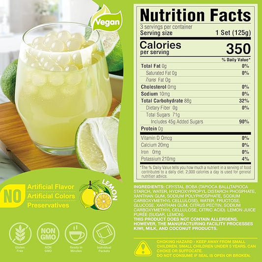 J WAY Instant Boba Bubble Pearl Lemon Juice Drinks Kit with Authentic Crystal Tapioca Boba, Ready in Under One Minute, Paper Straws Included, 3 Servings