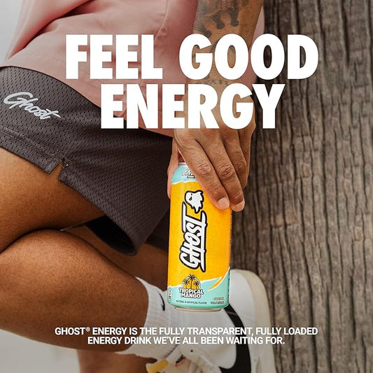 GHOST Energy Drink - 12-Pack, Tropical Mango, 16oz Cans - Energy & Focus & No Artificial Colors - 200mg of Natural Caffeine, L-Carnitine & Taurine - Gluten-Free & Vegan