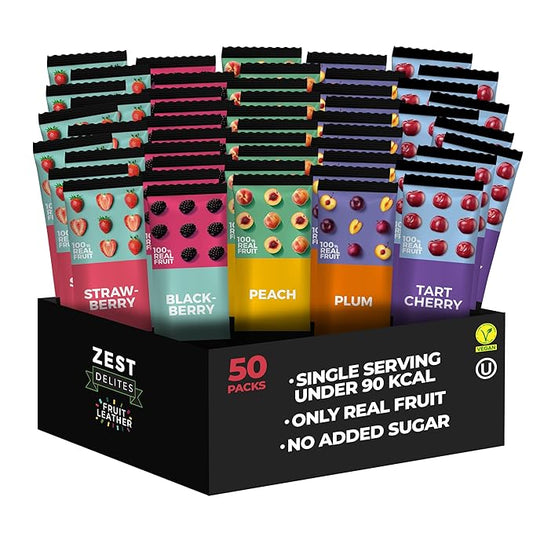 Fruit Snacks by Zest Delites, Fruit Leather Bars, Healthy Snacks for Adults & Kids, Vegan, Apple-Based, Strawberry, Peach, Blackberry, Plum, Tart Cherry, Bulk 0.88 oz x 50