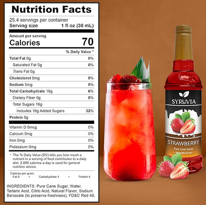 Syruvia Strawberry Syrup (25.4 fl oz) - Sweet Strawberry Bliss in a Bottle – Kosher, Gluten-Free, Ideal for Elevating Your Culinary and Beverage Adventures