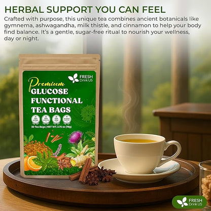 FreshDrinkUS, Premium 30 Tea Bags Glucose Functional Tea – Herbal Blend with Gymnema, Cinnamon, Bitter Melon, Tulsi & More –– Caffeine-Free. Sugar-Free. Gluten-Free. Vegan