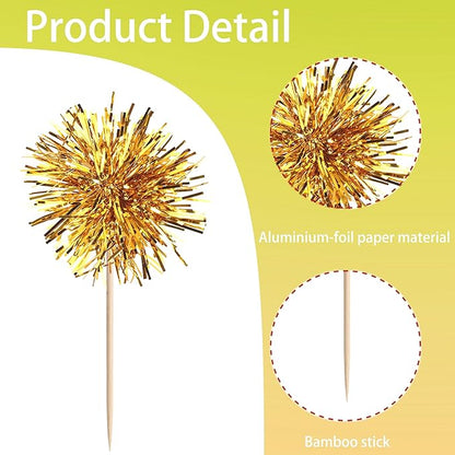 40 PCS Foil Firework Cupcake Toppers Fireworks Cupcake Picks Sparkle Tinsel Cake Decorations Cocktail Fruit Toothpick for Firework Theme Birthday Wedding Graduation Party Decorations Supplies Gold
