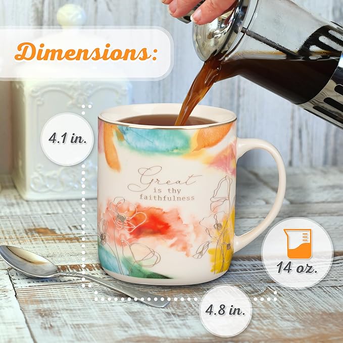Christian Art Gifts Pastel Floral Ceramic Coffee Mug – 14 oz. Lead and Cadmium-free, Non-Toxic Inspirational Scripture Coffee and Tea Mug for Women with Encouraging Words: Great is Thy Faithfulness