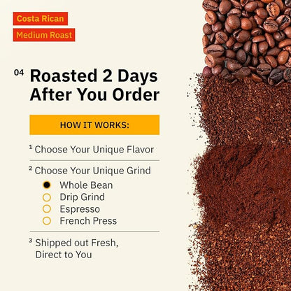 Costa Rican Whole Bean Coffee Medium Roast - 12 oz, Single Origin Arabica SpecialtyCoffee Beans, Fair Trade, Non-GMO