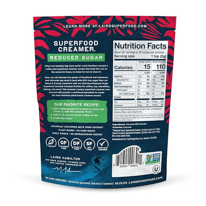 Laird Superfood Non-Dairy Reduced Sugar Superfood Coconut Powder Coffee Creamer, Keto, No Sugar Added, Gluten Free, Non-GMO, Vegan, 16 oz. Bag, Pack of 1