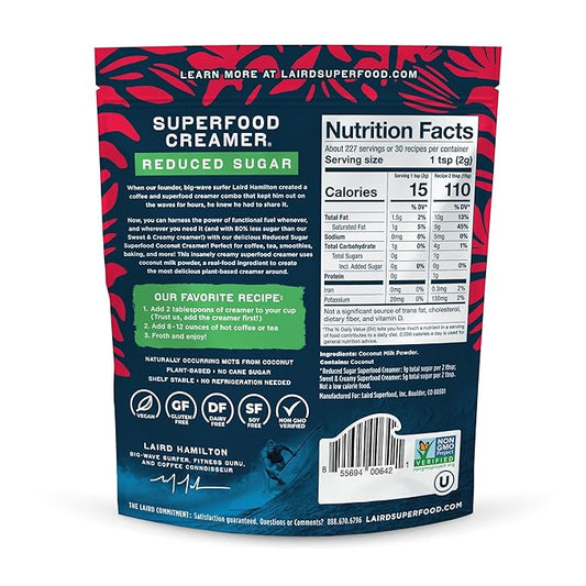 Laird Superfood Non-Dairy Reduced Sugar Superfood Coconut Powder Coffee Creamer, Keto, No Sugar Added, Gluten Free, Non-GMO, Vegan, 16 oz. Bag, Pack of 1