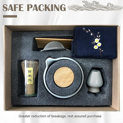 Artcome 9Pcs Japanese Matcha Tea Set, Matcha Bowl with Pouring Spout, Matcha Whisk, Ceramic Whisk Holder, Tea Scoop, Matcha Powder Caddy, Traditional Handmade Matcha Ceremony Gift Box Kit