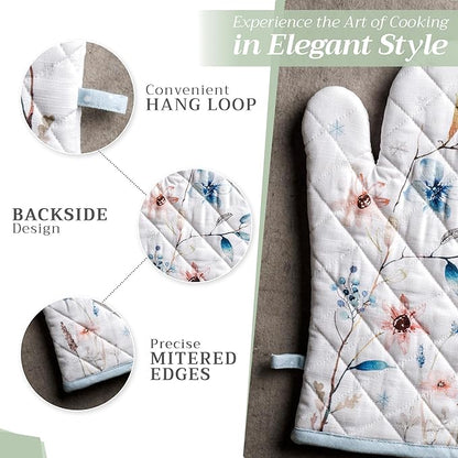 Maison d' Hermine 100% Cotton Oven Mitt & Pot Holder Set (7.5"x13" & 8"x8") Heat Resistant BBQ Cooking Gloves with Loop, Baking, Grilling, Kitchen, Handling Hot Pans (Ice Florals)