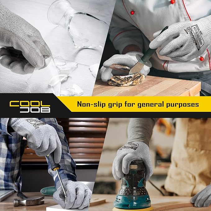 COOLJOB 12/120 Pairs Cut Resistant Safety Work Gloves with Grip, 13 Gauge Seamless Shell with PU Coating, ANSI A2 A4, Gray