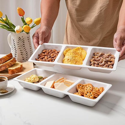 Divided Serving Tray, 14.75”x 6” Reusable 3-Section Party Platters, Condiment Serving Dishes for Entertaining, Ideal for Snacks, Appetizers, Fruit, Candy, Chip & Dip Set,White