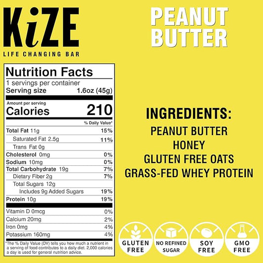 KiZE Energy Bars - Peanut Butter - Gluten Free, Non-GMO, and High Protein Meal Replacement Energy Bars, Clean and Simple Food Ingredients - 10g High Protein Snacks, (10 Count)