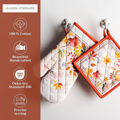 Maison d' Hermine 100% Cotton Oven Mitt & Pot Holder Set (7.5"x13" & 8"x8") Heat Resistant BBQ Cooking Gloves with Loop, Baking, Grilling, Kitchen, Handling Hot Pans (Amarante)