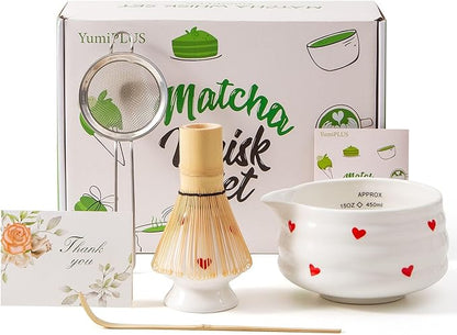 5pcs Premium Matcha Set,Ceramic Bowl with Spout and Bamboo Whisk set, Ceremonical Matcha Kit for breakfast/latte,Tea Starter Making Kit,Unique Matcha Gift set (love)