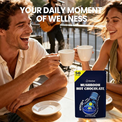 Mushroom Hot Chocolate, 50 Servings Cocoa Powder | 10 Mushrooms Supplements with Moringa Extract, DHA, Green Tea & Ginkgo Biloba | Support Focus & Gut Health | Vegan & Keto, Gluten-Free