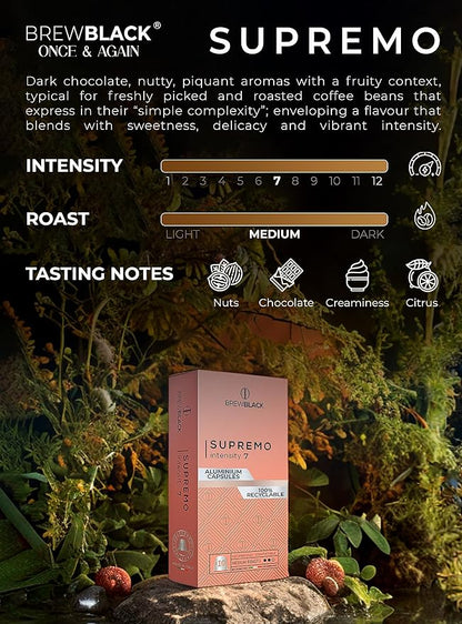 BrewBlack Supremo Coffee Capsules - 120 Aluminum Coffee Pods Compatible with Nespresso Original line, 100% Arabica Medium Roast - Intensity 7/12, Made in Italy