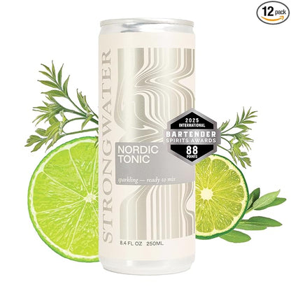 Strongwater Sparkling Nordic Tonic Water - 12 Pack Cans (8.4 Fl Oz Each) - Premium Mixer Made with Quinine, Rocky Mountain Water & Botanicals - Real Cane Sugar, No Artificial Flavors