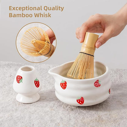 5pcs Premium Matcha Set,Ceramic Bowl with Spout and Bamboo Whisk set, Ceremonical Matcha Kit for breakfast/latte,Tea Starter Making Kit,Unique Matcha Gift set (strawberry)