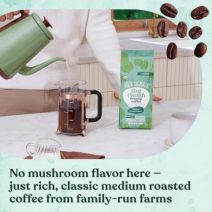 Four Sigmatic Gut Health Organic Ground Coffee | Medium Roast, Immune Boosting Probiotic Mushroom Coffee with Chaga & Turkey Tail for Gut Health & Immune Support | 12oz Bag