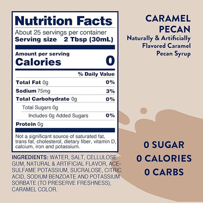 Jordan's Skinny Syrups Sugar Free Coffee Syrup, Caramel Pecan Flavor Drink Mix, Zero Calorie Flavoring for Chai Latte, Protein Shake, Food & More, Gluten Free, Keto Friendly, 25.4 Fl Oz, 1 Pack