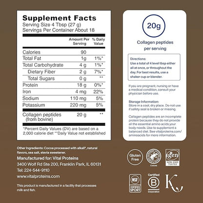 Vital Proteins Grass Fed Collagen Powder Supplement (Type I, III) for Skin Hair Nail Joint - Hydrolyzed Collagen, Grass Fed, Dairy and Gluten Free - Chocolate Flavor, 17.1 oz Canister