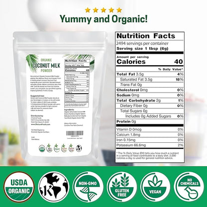 Z Natural Foods Organic Coconut Milk Powder - All-Natural Vegan Dairy-Free Alternative with MCTs - Unsweetened Coconut Creamer for Coffee & Smoothies - Gluten-Free, Non-GMO, 33 lbs