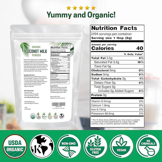 Z Natural Foods Organic Coconut Milk Powder - All-Natural Vegan Dairy-Free Alternative with MCTs - Unsweetened Coconut Creamer for Coffee & Smoothies - Gluten-Free, Non-GMO, 33 lbs