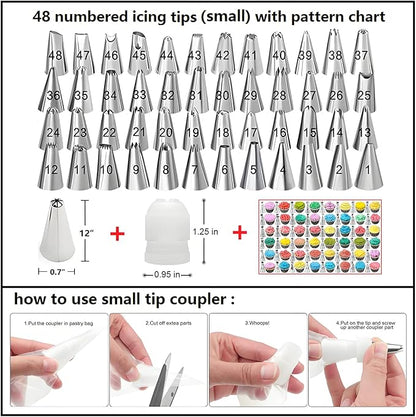 130 Pcs Piping Bags and Tips Set with 48 Numbered Icing Tips,7 Russian Tips,1 Ball Tip,2 Leaf Tips,Pattern Chart,8 Carved Pens,4 Couplers,6 Ties,50 Disposable Pastry Bags for Cake Decorating