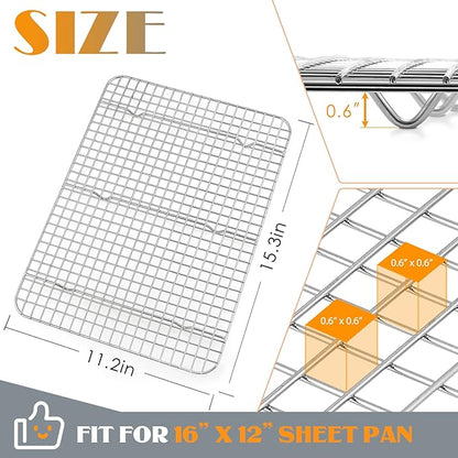Cooling Rack Set of 2, E-far Stainless Steel Baking Rack for Oven Roasting Cooking Bacon Cooling Cookie Cake, 15.3” x 11.2” Metal Bakeable Mesh Grilling Wire Racks, Non-toxic & Dishwasher Safe