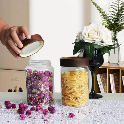 Glass Coffee Jars Spice Jar Round Storage Canister with Wooden Lid Clear Glass Food Jar for Pantry Sugar Tea Coffee Bean Spice Nuts Cookies Bath Salts (900ML*2PACK)
