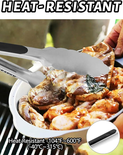 Anaeat 3 Pack 7" Mini Stainless Steel Cooking Tongs - Sturdy Coiled Spring Locking Kitchen Food Tong with Non-Slip Silicone Grip for Serving, Cooking, Baking - Heat Resistant up to 480°F (Black)