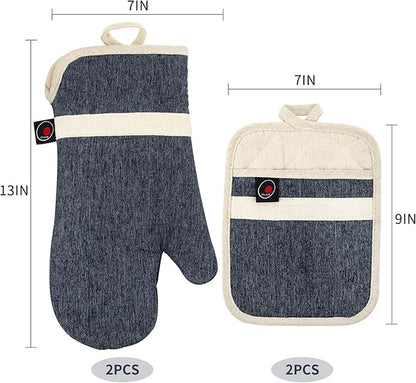 Oven Mitts and PotHolders Sets, 4 Pcs Kitchen Oven Glove High Heat Resistant 400°F Pot Holders for Kitchen, Non-Slip Neoprene Oven Mitts are Suitable for Cooking, Baking (Black)