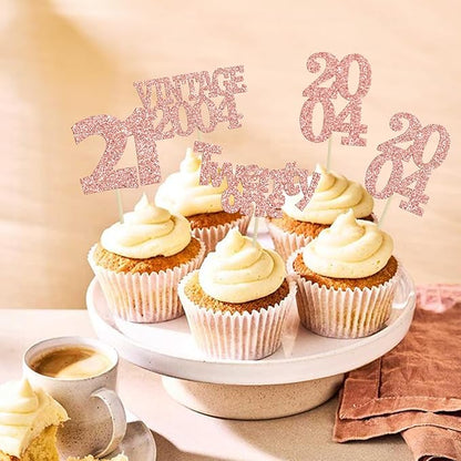 Gyufise 24Pcs 21st Birthday Cupcake Toppers Glitter Twenty-one Vintage 2004 21 Years Birthday Cupcake Picks Cheers to 21 Cake Decorations for Happy 21st Anniversary Party Supplies Rose Gold