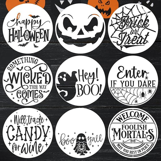 Halloween Stencils for Painting on Wood 12inch Large Reusable Halloween Stencil for Door Hanger Round Skeleton Ghost Boo Templates for Door Mat Fabric