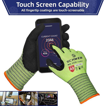 Schwer ProGuard Highest Level Cut Resistant Work Gloves PR3326 for Extreme Protection，ANSI A9 Cut Gloves with Reinforced Thumb, Non Slip, Breathable, Durable, Touch-screen, Non PFAS, Yellow1 Pair（S）