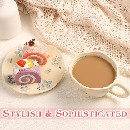Cappuccino Cups with Saucers 8 oz Latte Art Cup Ceramics Coffee Mugs Irregular Aesthetic Flower Cups for Espresso, Double Shot, Americano, Latte, Tea - Microwave and Dishwasher Safe (Blue Flowers)