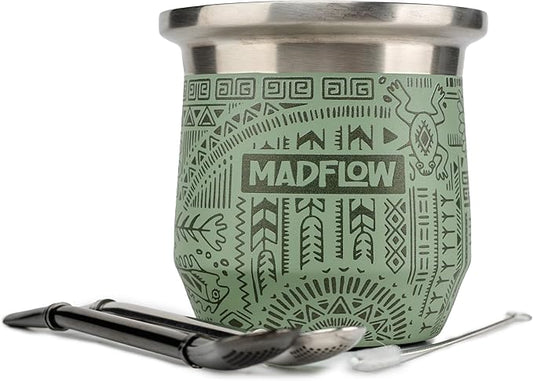 MADFLOW Yerba Mate Cup. Stainless Steel Mate Cup with 2 Bombillas. Double Wall Vacuum Insulated Yerba Mate Gourd. Unique Mate Cup And Bombilla Set