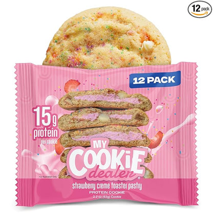 My Cookie Dealer Protein Cookies, Strawberry Creme (2.2oz, Pack of 12) - 15g Protein per Cookie - Individually Wrapped Workout Snacks for On-The-Go Travel