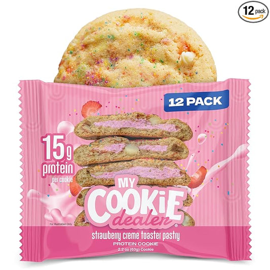 My Cookie Dealer Protein Cookies, Strawberry Creme (2.2oz, Pack of 12) - 15g Protein per Cookie - Individually Wrapped Workout Snacks for On-The-Go Travel