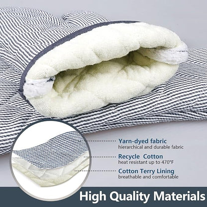 1 Pair Yarn Dyed Oven Mitts 100% Cotton Heat Resistant 470 Degree Gloves Men Women Cooking Baking Barbecue BBQ Microwave Crafting Machine Washable Pot Holders Mittens (Grey)