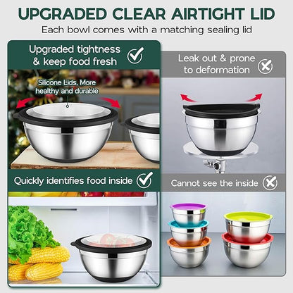 Mixing Bowls with Lids Set of 6 for Kitchen, Stainless Steel Metal Nesting Bowls with Non-Slip Bottom Black - Size 1, 1.5, 2, 2.6, 3.5, 7QT
