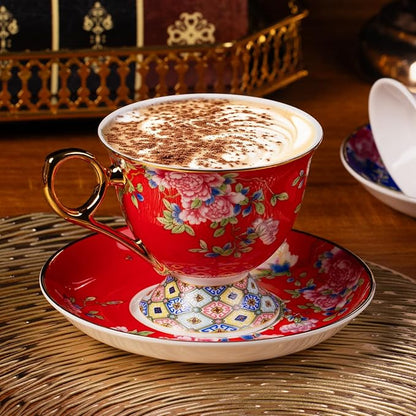 KAMMAK Tea Cups and Saucers Set of 2, Porcelain Coffee Cup with Saucer for Espresso, Cappuccino, 9.8oz Vintage Yellow Floral Ceramic Demitasse Mug for Home, Tea Party, Office
