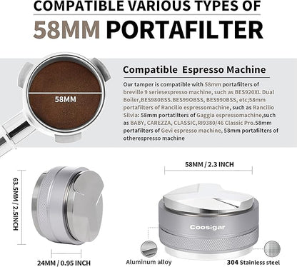 58mm Coffee Distributor and Tamper,Dual Head Coffee Leveler Fits for Gaggia E61 58mm Portafilter,Professional Espresso Hand Tamper.(Silver)