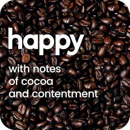 happy coffee dark roast coffee pods, 10 count, notes of cocoa & contentment, compatible with most K-cup brewers, rainforest alliance certified
