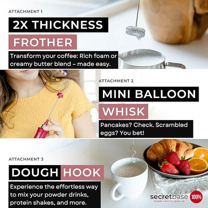 Secretbase Rechargeable Milk Frother Mixer, Pitcher and Charging Base - 3 Speed Handheld Foam Maker for Barista Style Coffee, Bulletproof Coffee, Keto Coffee and Matcha Latte