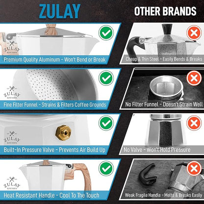 Zulay Kitchen Stovetop Espresso Maker - Moka Pot 6 Espresso Cups - Percolator Coffee Maker for Classic Cuban & Italian Style Espresso - Portable Coffee Maker for Camping & Travel - (White)